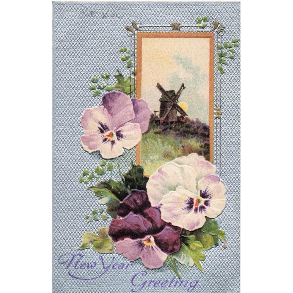 Vintage New Year Greeting Postcard Windmill Pansies International Art Publ Co VG